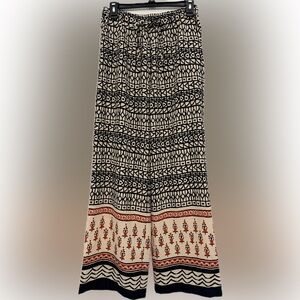 JAPNA- Women’s Patterned Black, Cream & Red Wide-Leg Boho Geometric Pants-Size M